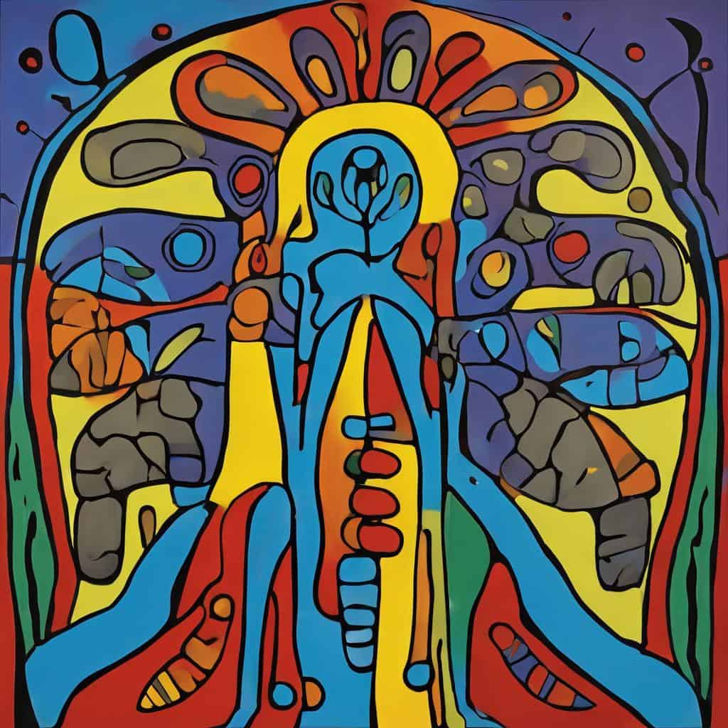 Ζωγραφική αφιέρωμα στην τέχνη και τις επιστημονικές επιρροές με ζωηρά χρώματα και αφαιρετικά σχήματα, που αναδεικνύουν τη διασύνδεση μεταξύ τέχνης, επιστήμης και δημιουργικότητας.