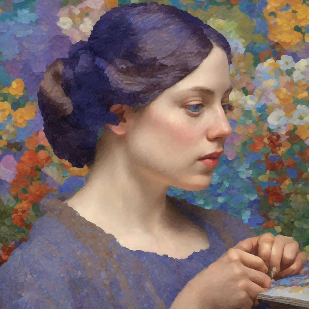 Μεγαλόπρεπη εικόνα μιας γυναίκας ζωγραφισμένη σε στυλ ιμπρεσιονισμό, με επιρροές από τις τέχνες και τις επιστήμες, σε πολύχρωμο και εκφραστικό φόντο.