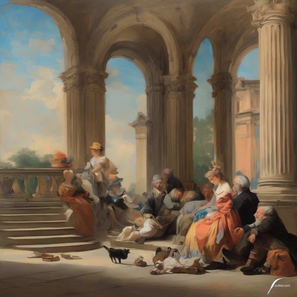 Πολιτιστικές επιρροές στην τέχνη και η σχέση της με άλλες επιστήμες, όπως η αρχιτεκτονική και η φιλοσοφία, παρουσιάζοντας μια ρωμαϊκή σκηνή με ανθρώπους και αρχαία κτίρια.